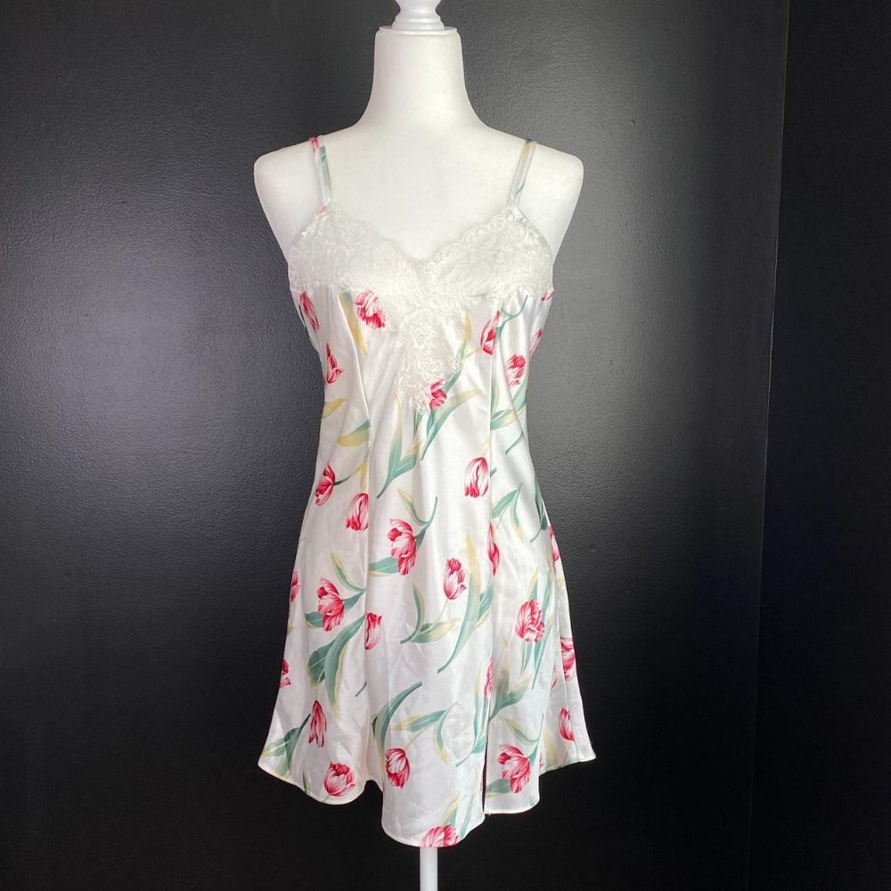Vintage 90s White Lace Satin Tulip Cottage Slip Chemise Dress